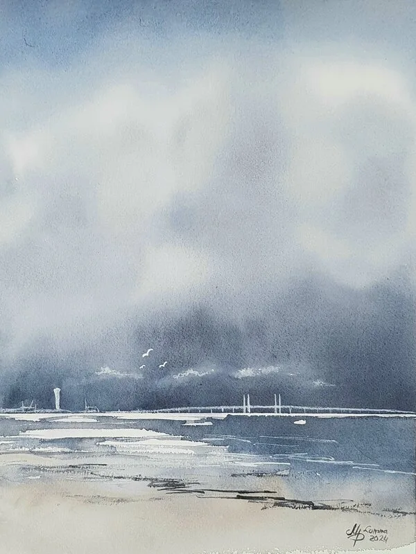 Akvarell Lomma strand av Marina Preobrazhenskaya