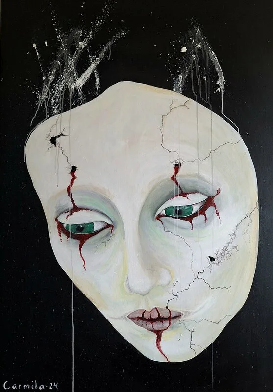 Akrylmålning När masken krackelerar av Carmita Hägneryd