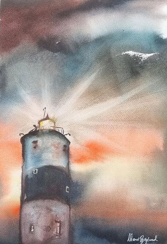 Akvarell Fyren mellan haven av Mikael Berglund