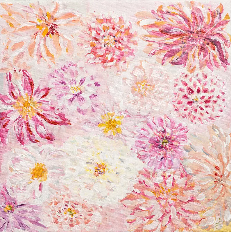 Akrylmålning Pink dream Dahlia blommor av Åsa Jäderlund