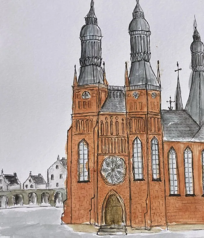 Akvarell UPPSALA DOMKYRKA 1700 tal av Rose-Marie Lyckebrant-Lindqvist