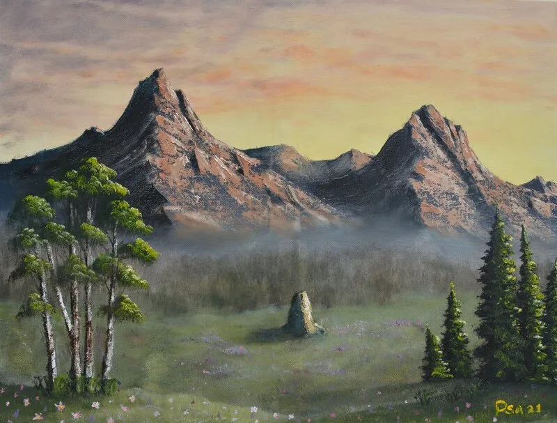 Oljemålning Solnedgång i bergen av Pernilla Sävestrand