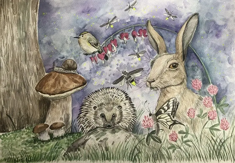 Akvarell Magisk natt i skogen av Karolina Pronckute