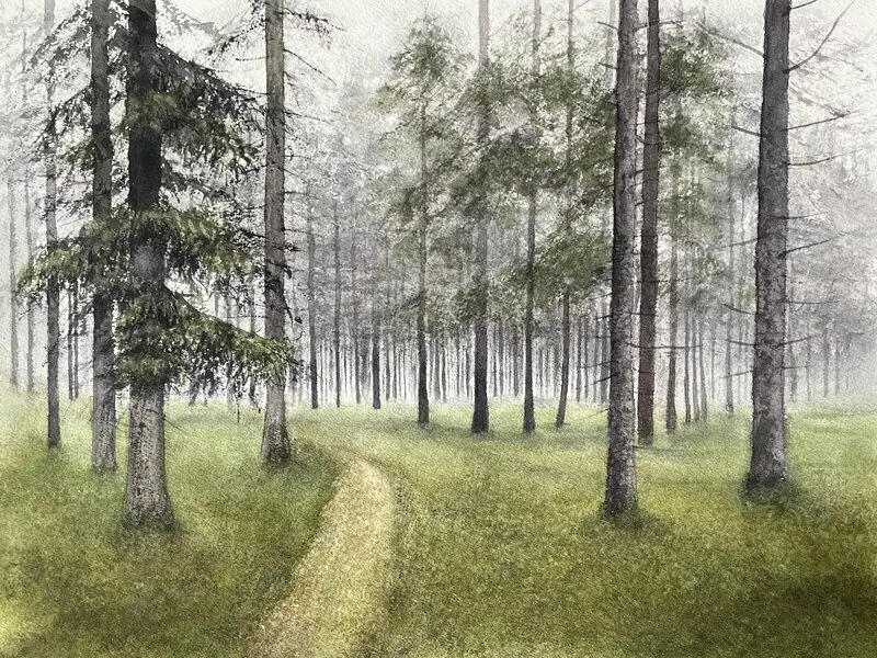 Akvarell Skog i dimma av Jeanette Malmberg