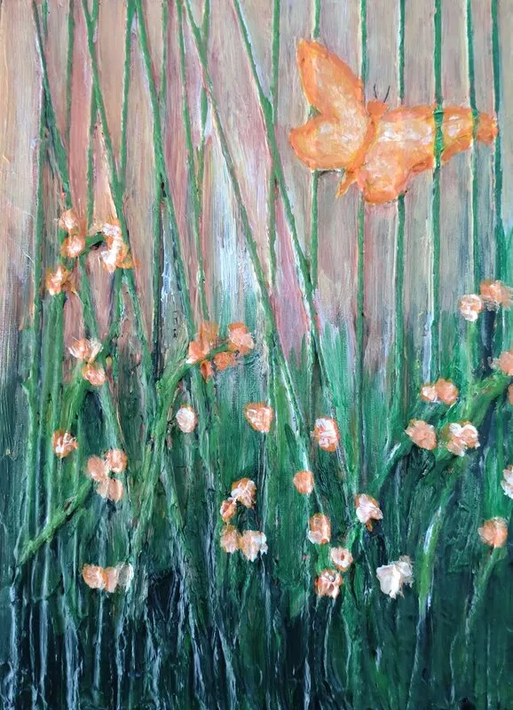 Akrylmålning Orange fjäril av Ingegerd Persson