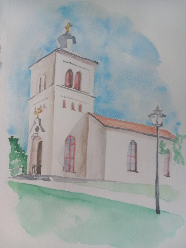 Akvarell Järstorps kyrka av Monica Haglund