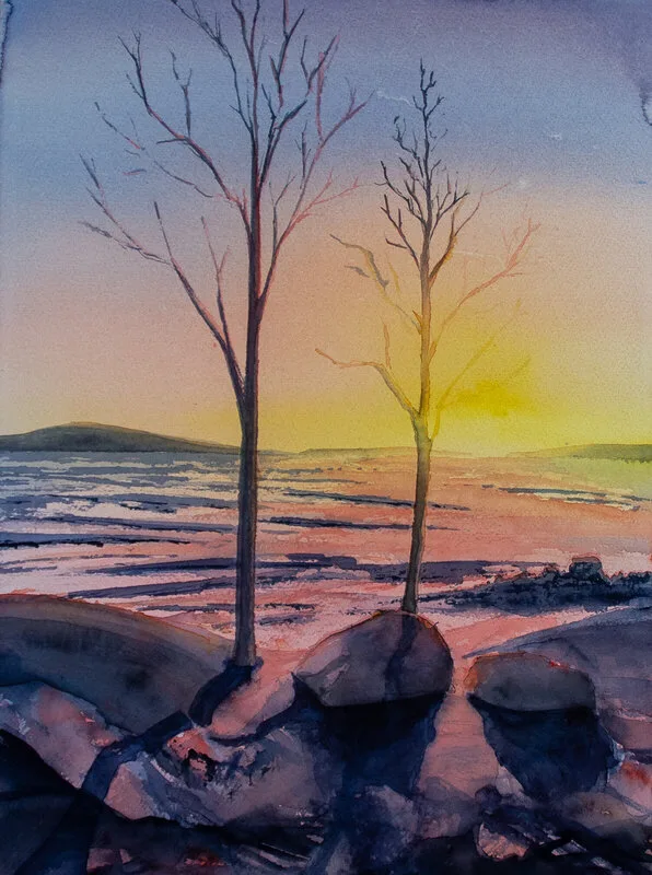 Akvarell Fruset Bottenviken i skymning av Mikael Weddfelt