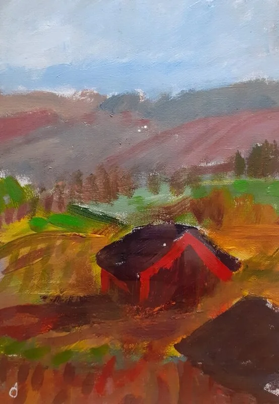 Akrylmålning FJÄLLSTUGA av Anette Classon