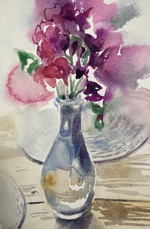 Akvarell Första luktärtorna av Susanna Prestor