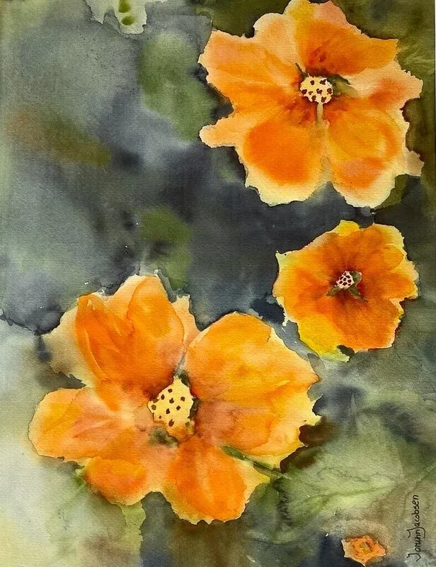 Akvarell Orange blommor av Jorunn Jacobsen Grangert