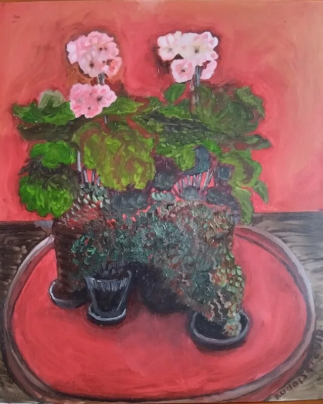 Oljemålning Blommor på en röd bricka.. av Aminazin Van-Gogin