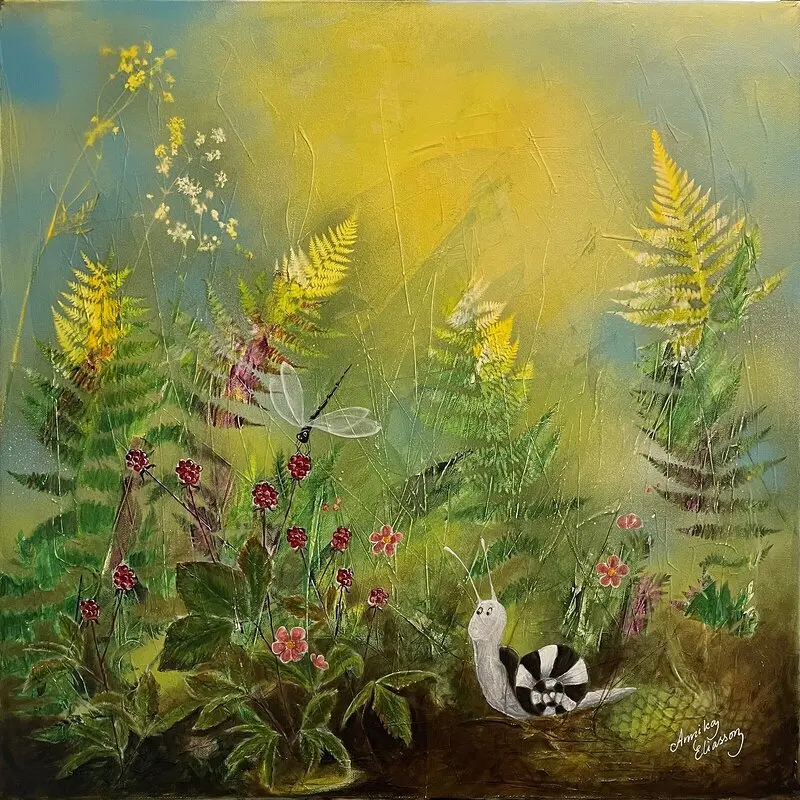 Akrylmålning Rubus arcticus av Annika Eliasson