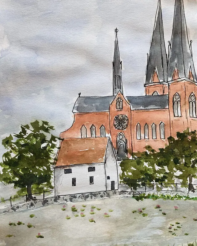 Akvarell DOMKYRKAN OCH NÄCKROSOR I FYRISÅN av Rose-Marie Lyckebrant-Lindqvist