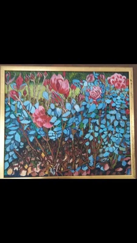 Oljemålning Röda rosor och blått blad.. av Aminazin Van-Gogin