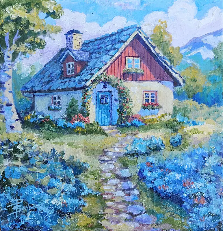 A house with hydrangeas av Aleksandra Paranchenko