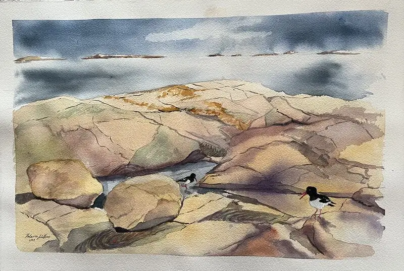 Akvarell Morgonpromenad - möte med strandskator av Katarina Adolfsson