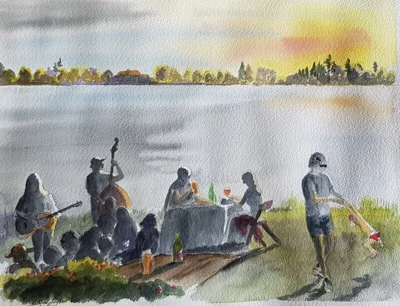 Akvarell Det svänger på Djulö av Katarina Adolfsson