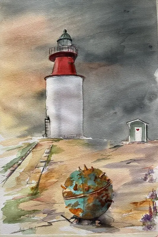Akvarell Hållö fyr/utpost står står stark av Katarina Adolfsson
