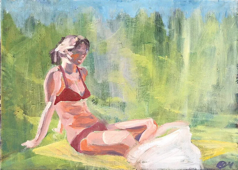 Oljemålning Sittande i grönska av Maria Oscarsson Marle