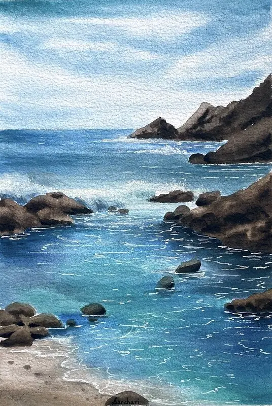 Akvarell Blå havet av Sanchari Sen Sarma