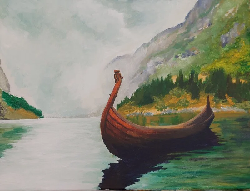 Akrylmålning Vikingaskepp på lugna vatten av Renata Edin