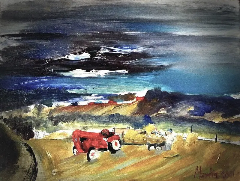 Oljemålning Porsche traktor på Svensgårdens fält av Martin Svensson