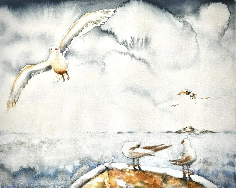 Akvarell Unexpected guests av Cécile Hansson