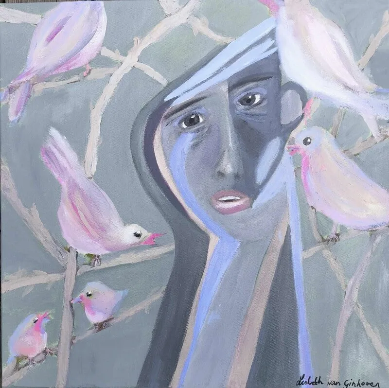 Oljemålning Inga träd- inga fåglar. Fattar du? av Lisbeth van Ginhoven