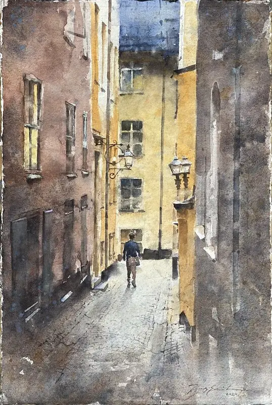 Akvarell Spektens gränd Gamla Stan av Jony Eriksson