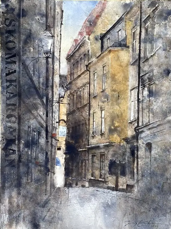 Akvarell Skomakargatan Gamla Stan Stockholm av Jony Eriksson