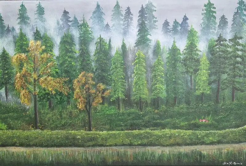 Akrylmålning Misty Forest Serenity av Pia K. Egeriis