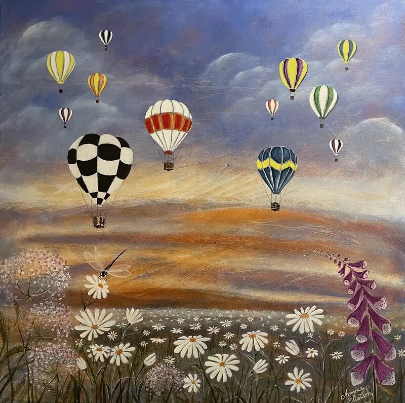 Akrylmålning Ballongresan av Annika Eliasson