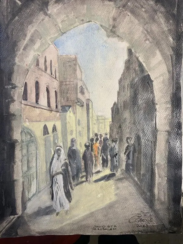 Akvarell Davis Street Jerusalem av Carlyle Minnaar