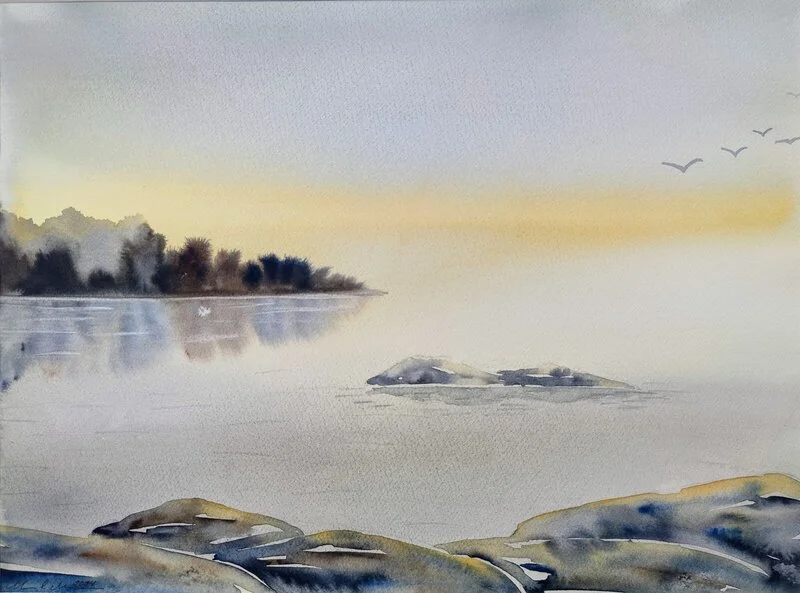 Akvarell När dimman lättar av Merit Lindgren Muréus