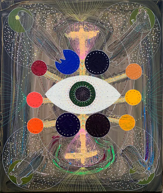 Akrylmålning The All-Seeing I (bird, ghost, dog and man) av Fred Andersson