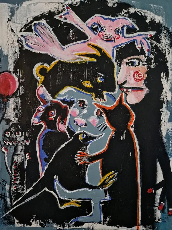 Akrylmålning The man with many pets av Erika Eriksson