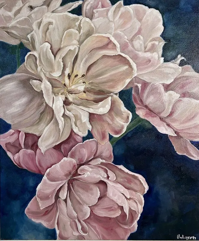Oljemålning Symphony / blommor, pioner, pion, interiör, flowers, peonies, peony, blue av Anna Vallgren