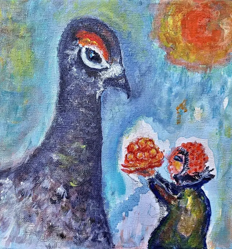 Oljemålning Ripan och hjortronflickan av Boel Franck