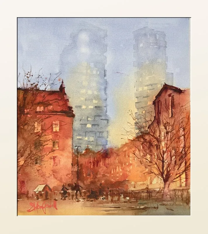 Akvarell Solvändan - Vikingagatan av Stefan Gadnell