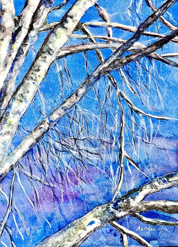 Akvarell Björk i klarbå himmel av Marianne Akasha Olofsson