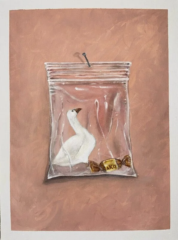 Akrylmålning EN PÅSE GÅS OCH KOLA av Josefine ’JSFN’ Häggkvist