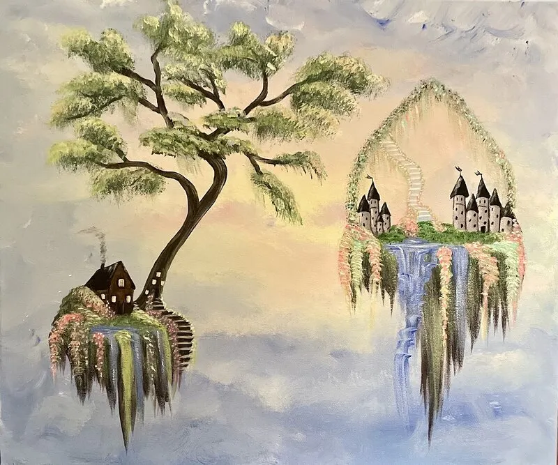 Akrylmålning Svävande sagolandskap av Mimmi Dubén