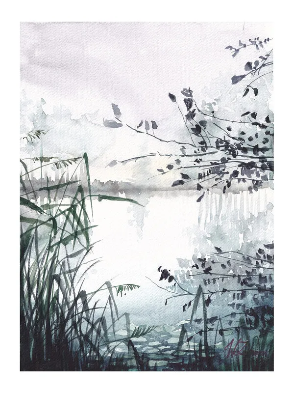 Akvarell Calm lake / Lugn sjö av Weronika Zaborek