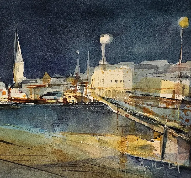 Akvarell Vid Slussen av AnnMari Löf