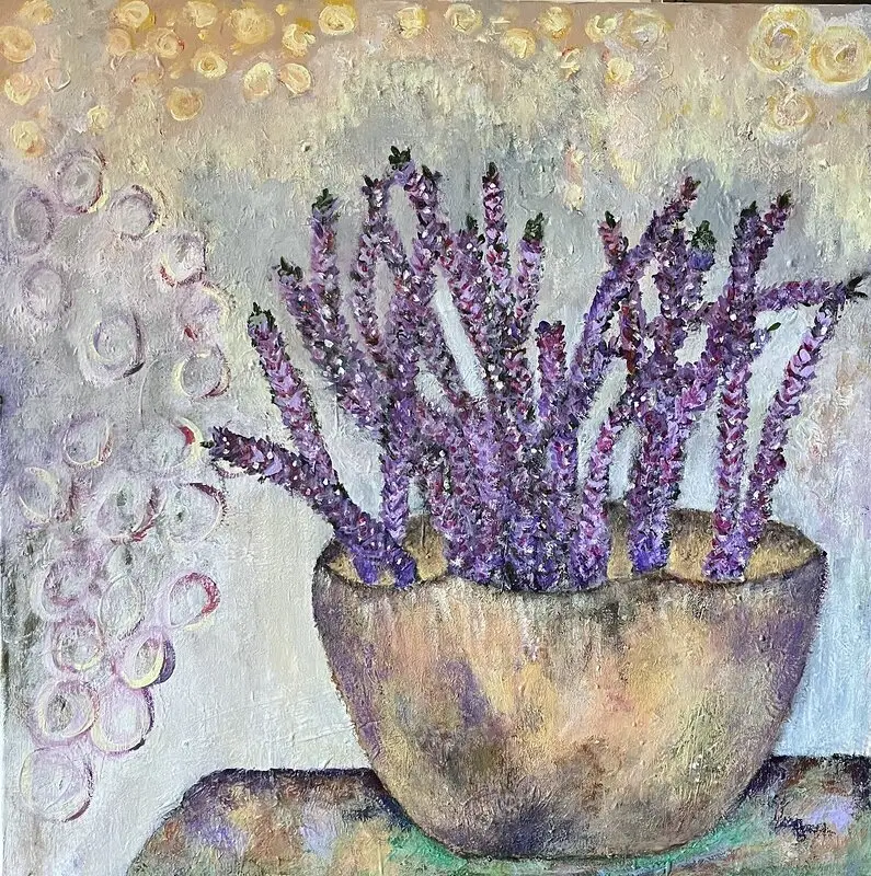 Akrylmålning Kruka med ljung av Christina Åsbäck