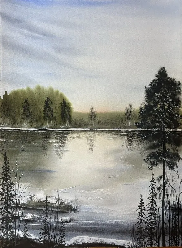 Akvarell Första isen i viken på Fagerlundsvägen av Desirée Rutqvist