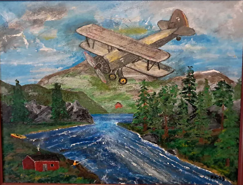 Akrylmålning Veteranflyg över fiskevatten. av Roland Adolfsson