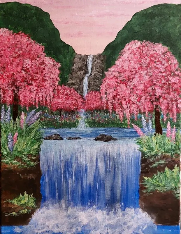 Akrylmålning Tropiskt Vattenfall av Marie Granström