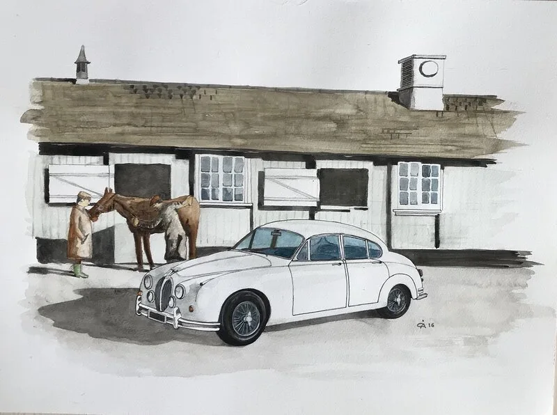 Akvarell Jaguar Mk 2 av Claes Åkerman