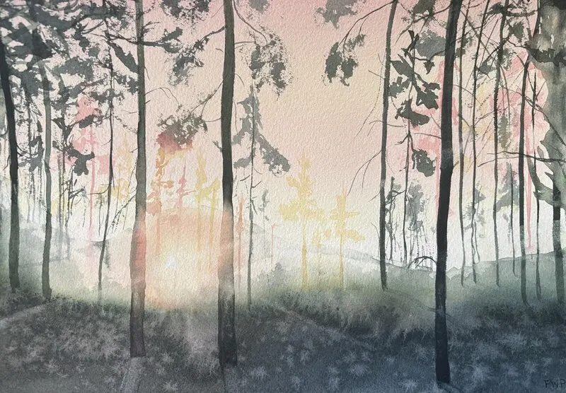 Akvarell Soluppgång i skogen nr 4 av Frida Westlund Prändel